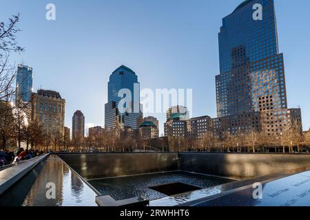 New York City, USA - 11 febbraio 2023 - World Trade Center Memorial, Ground Zero. Il memoriale è stato dedicato nel decimo anniversario dell'11 settembre, Foto Stock