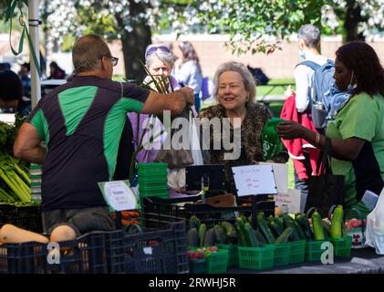 Toronto, Canada. 19 settembre 2023. People Shop in un Farmers' Market a Toronto, Canada, il 19 settembre 2023. L'indice dei prezzi al consumo (CPI) del Canada è aumentato del 4% nel mese di agosto anno dopo anno, dopo un aumento del 3,3% a luglio, Statistics Canada ha dichiarato martedì. Crediti: Zou Zheng/Xinhua/Alamy Live News Foto Stock