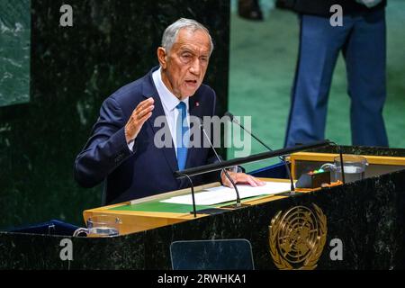 New York, USA, 19 settembre 2023. Il presidente portoghese Marcelo Rebelo de Sousa si rivolge alla sessione di apertura della 78a Assemblea generale delle Nazioni Unite presso la sede delle Nazioni Unite. Crediti: Enrique Shore/Alamy Live News Foto Stock