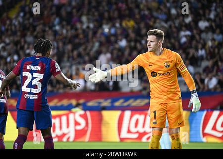 Barcellona, Spagna. 19 settembre 2023. Il portiere del Barcellona Marc-Andre ter Stegen nella foto di una partita di calcio tra lo spagnolo FC Barcelona e il belga Royal Anversa FC, martedì 19 settembre 2023 a Barcellona, in Spagna, il giorno 1 della fase a gironi della Champions League, nel gruppo H. BELGA FOTO TOM GOYVAERTS credito: Belga News Agency/Alamy Live News Foto Stock