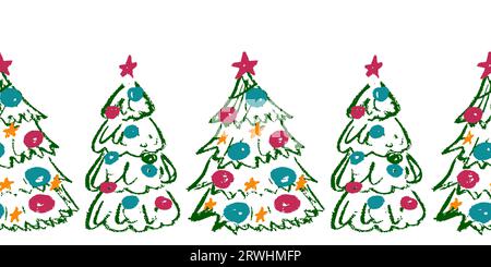 Bordo senza cuciture per Natale. Albero di Natale. Disegni con pastelli di cera. Design vettoriale per carta, copertina e altri usi Illustrazione Vettoriale