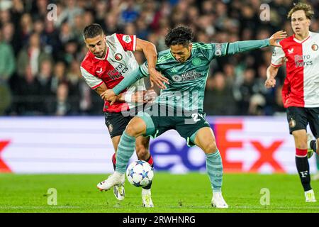 Rotterdam, Paesi Bassi. 19 settembre 2023. Rotterdam - Ondrej Lingr del Feyenoord, Tomoki Iwata del Celtic durante la prima tappa della UEFA Champions League tra Feyenoord e Celtic allo Stadion Feijenoord De Kuip il 19 settembre 2023 a Rotterdam, Paesi Bassi. Credito: Immagini da Box a Box/Alamy Live News Foto Stock