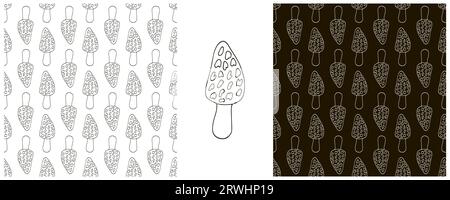 Morchella esculenta. Illustrazione monocromatica in stile disegno a mano. Crea un motivo senza cuciture per la cucina o l'officina Illustrazione Vettoriale