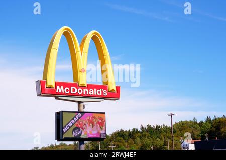 Il cartello del McDonald's incorniciato contro un cielo blu fotografato con orientamento paesaggistico. Foto Stock