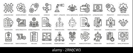 Set di icone Business Automation. Icone della linea di apprendimento automatico. Robotica, iot, biometrica, dispositivo, chip, robot, cloud computing e automazione - icona Illustrazione Vettoriale