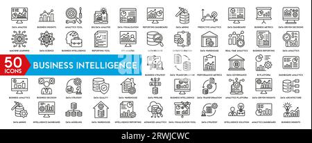Set di linee vettoriali icona Business Intelligence. Contiene icone lineari come visualizzazione dei dati, gestione e analisi dei dati, servizio analitico Illustrazione Vettoriale