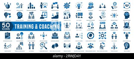 Set di icone formazione e coaching. Contiene le icone di team building, collaborazione, lavoro di squadra, coaching, risoluzione dei problemi e formazione. Icona continua Illustrazione Vettoriale