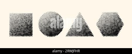 Set di forme geometriche a mezzitoni. Elementi quadrati, circolari, triangolari ed esagonali tratteggiati con gradiente. Oggetti neri testurizzati per striscioni, poster, collage, volantini, opuscoli, brochure. Raccolta vettoriale Illustrazione Vettoriale