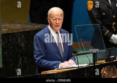 Il presidente DEGLI STATI UNITI Joseph Biden Jr. Interviene durante il dibattito generale della 78a sessione dell'Assemblea generale delle Nazioni Unite presso la sede centrale di New York il 19 settembre 2023 Foto Stock