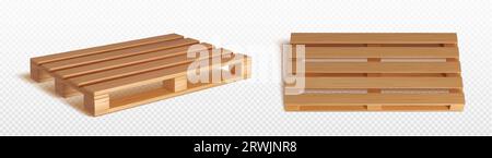pallet in legno 3d per vettoriale isolato per imballaggi in casse. Piattaforma per vassoio di carico in legno per magazzino o set di risorse di stoccaggio. Scheda di consegna con tempi realistici Illustrazione Vettoriale