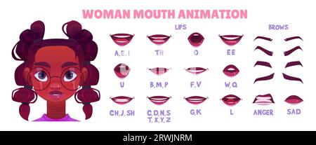 Vettore di animazione della bocca del labbro del personaggio di donna nera. Testa di ragazza con occhiali pronuncia alfabeto inglese sincronizzazione ed espressione icona articolazione movimento Illustrazione Vettoriale