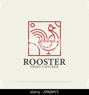 Delinea il logo del ristorante Chicken Rooster con stile grunge, icona del ristorante con pollo fritto retrò illustrazione vettoriale Illustrazione Vettoriale