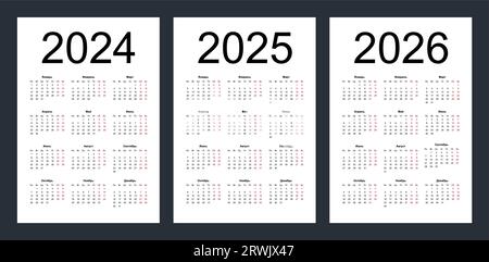 Griglia del calendario per il 2024, 2025 e 2026 anni. Semplice modello orizzontale in russo. La settimana inizia da lunedì. Illustrazione vettoriale isolata attiva Illustrazione Vettoriale