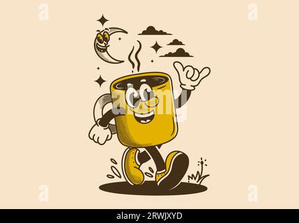 illustrazione del personaggio di una mascotte che cammina tazza da caffè. Design in stile vintage Illustrazione Vettoriale