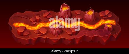 Volcano Road ui livello di gioco mobile mappa sfondo cartoni animati. GUI eruzione vulcanica con modello di percorso lavico. Risorsa per l'illustrazione di Magma e Stone Terrain Interface da giocare online. Pericolo via del mondo Illustrazione Vettoriale