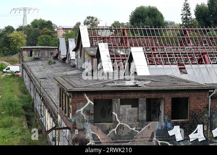 Potsdam, Germania. 18 settembre 2023. Le sale fatiscenti dell'ex sito GREZZO vicino alla stazione ferroviaria principale di Potsdam. Credito: Soeren Stache/dpa/Alamy Live News Foto Stock