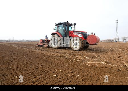 CONTEA DI LUANNAN, Cina - 16 marzo 2022: Gli agricoltori utilizzano piantatrici per piantare avena nei loro campi, nella Cina settentrionale Foto Stock