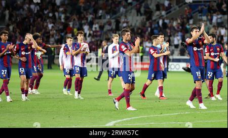 Sabadell, Barcellona, Spagna. 19 settembre 2023. Barcellona Spagna 19.09.2023 giocatori del FC Barcelona celebrano la vittoria durante la UEFA Champions League tra FC Barcelona e Royal Antwerp FC all'Estadi Olimpic Lluis Companys il 19 settembre 2023 a Barcellona. (Immagine di credito: © Xavi Urgeles/ZUMA Press Wire) SOLO USO EDITORIALE! Non per USO commerciale! Foto Stock