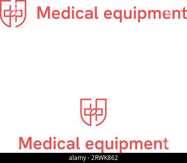 Testo dell'attrezzatura medica con scudo e logo medico incrociato Illustrazione Vettoriale