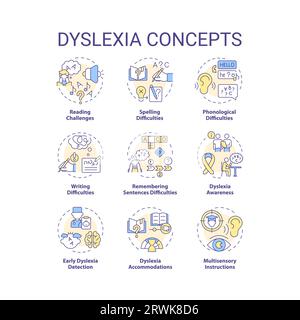 Set di icone a linee colorate modificabili per la dislessia Illustrazione Vettoriale