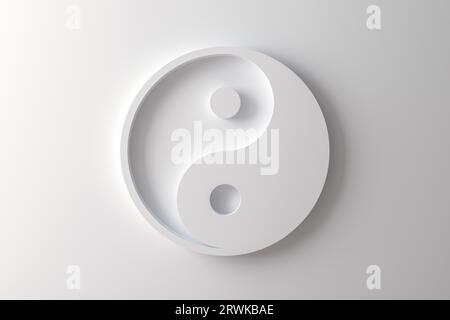 Simbolo cinese Yin Yang su sfondo bianco, taoismo, dualismo, simbolo religioso, rappresentazione 3D, illustrazione 3D. Foto Stock