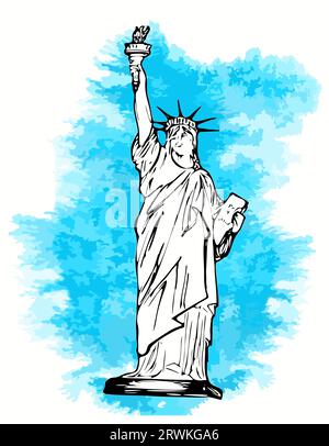 Incisione monocromatica campitura che disegna il ritaglio Liberty Lady su mezzo corpo isolato su sfondo blu. Illustrazione Vettoriale