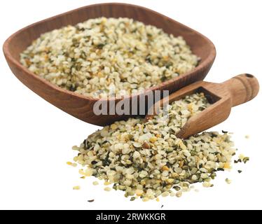 Semi di canapa sbucciati pieni di ingredienti nutrienti Foto Stock