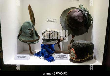 Espositore che mostra vari copricapo italiani indossati dalle truppe italiane durante la prima guerra mondiale al Museo della prima guerra mondiale di Aquileia, FVG, Italia Foto Stock