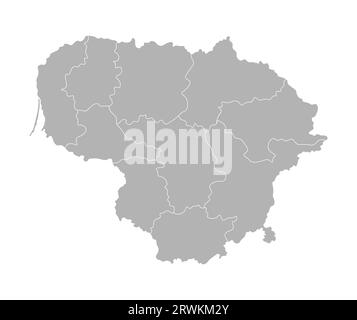 Illustrazione vettoriale isolata della mappa amministrativa semplificata della Lituania. Confini delle contee (regioni). Silhouette grigie. Contorno bianco. Illustrazione Vettoriale
