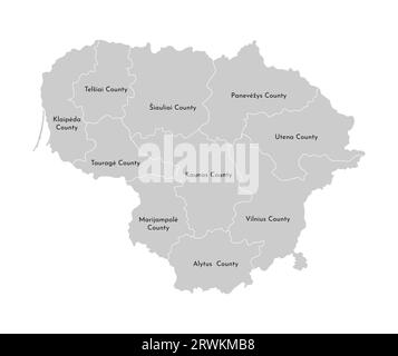 Illustrazione vettoriale isolata della mappa amministrativa semplificata della Lituania. Confini e nomi delle province (contee). Silhouette grigie. Bianco fuori Illustrazione Vettoriale