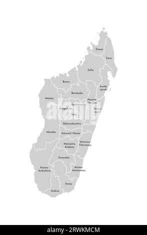 Illustrazione vettoriale isolata della mappa amministrativa semplificata del Madagascar. Confini e nomi delle regioni. Silhouette grigie. Contorno bianco. Illustrazione Vettoriale