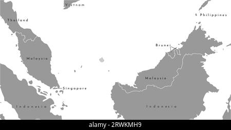 Illustrazione vettoriale isolata. Mappa grigia semplificata della Malesia al centro, i paesi vicini sono vicini. Sfondo bianco. Illustrazione Vettoriale