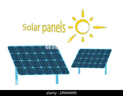 Centrale elettrica a pannelli solari fotovoltaici. Generazione di energia da parco solare fotovoltaico sostenibile e rinnovabile in cerchio con sole e skyline urbano della città Illustrazione Vettoriale