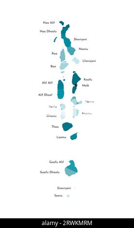 Illustrazione vettoriale isolata della mappa amministrativa semplificata delle Maldive con i nomi degli atolli. Sagome kaki blu colorato. Illustrazione Vettoriale