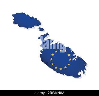 Illustrazione vettoriale con mappa isolata del membro dell'Unione europea - Malta. Stile maltese decorato dalla bandiera dell'UE con stelle dorate su sfondo blu Illustrazione Vettoriale