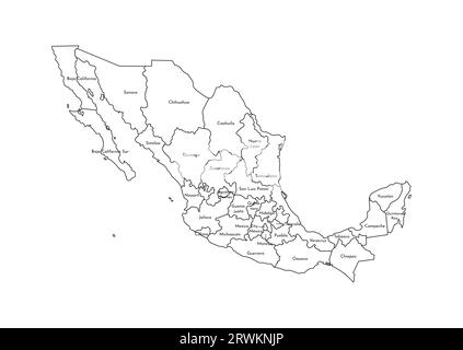 Illustrazione vettoriale isolata della mappa amministrativa semplificata del Messico (Stati Uniti messicani). Confini e nomi delle regioni. Silhouette nera Illustrazione Vettoriale