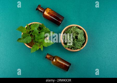 Foglie di ortica cruda e secca e bottiglia da farmacia sul tavolo. Urtica, pianta medicinale Foto Stock
