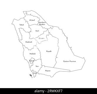 Illustrazione vettoriale isolata della mappa amministrativa semplificata dell'Arabia Saudita. Confini e nomi delle regioni. Silhouette nere. Illustrazione Vettoriale