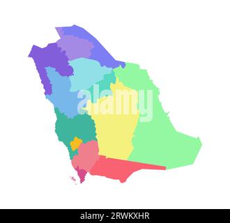 Illustrazione vettoriale isolata della mappa amministrativa semplificata dell'Arabia Saudita. Confini delle regioni. Silhouette multicolore. Illustrazione Vettoriale