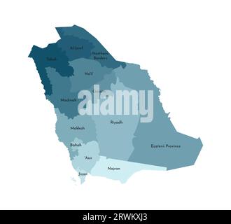 Illustrazione vettoriale isolata della mappa amministrativa semplificata dell'Arabia Saudita. Confini e nomi delle regioni. Sagome kaki blu colorato. Illustrazione Vettoriale