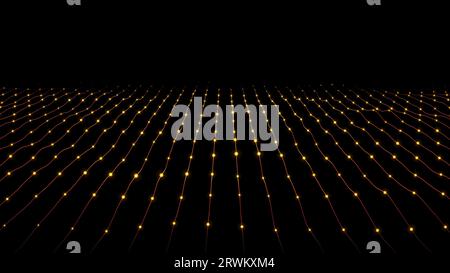 Linee luminose gialle astratte, raggi di energia e onde magiche provenienti da particelle e punti, sfondo astratto. Rendering 3D. Foto Stock