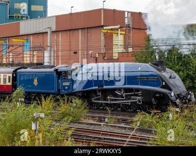 Mercoledì 20 settembre 2023 - Warrington, Cheshire, Inghilterra, Regno Unito - in un mercoledì mattina freddo, umido e ventoso, l'iconica locomotiva a vapore anni '1930 60007 'Sir Nigel Gresley' (dal nome del suo leggendario designer) è arrivata attraverso Bank Quay Station durante il suo viaggio a Carlisle da Chester. Crediti: John Hopkins/Alamy Live News Foto Stock