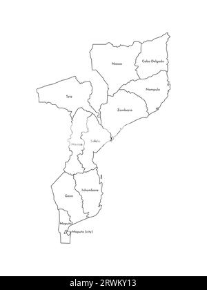 Illustrazione vettoriale isolata della mappa amministrativa semplificata del Mozambico. Confini e nomi delle province (regioni). Silhouette nere. Illustrazione Vettoriale