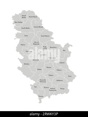 Illustrazione vettoriale isolata della mappa amministrativa semplificata della Serbia. Confini e nomi dei distretti (regioni). Silhouette grigie. Contorno bianco Illustrazione Vettoriale