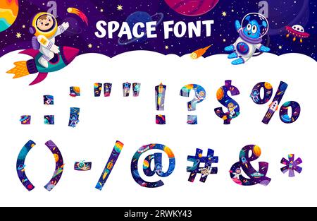 Caratteri spaziali segni di punteggiatura e simboli di tipo di universo galattico, carattere vettoriale. Carattere per caratteri Kid con punti di punteggiatura, punti interrogativi ed esclamativi, virgole e parentesi di testo con percentuale Illustrazione Vettoriale