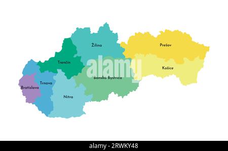 Illustrazione vettoriale isolata della mappa amministrativa semplificata della Slovacchia. Confini e nomi delle regioni. Silhouette multicolore. Illustrazione Vettoriale