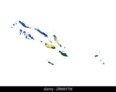 Illustrazione vettoriale isolata con bandiera nazionale delle Isole Salomone con forma di questa mappa (semplificata). Ombreggiatura del volume sulla mappa. Sfondo bianco Illustrazione Vettoriale