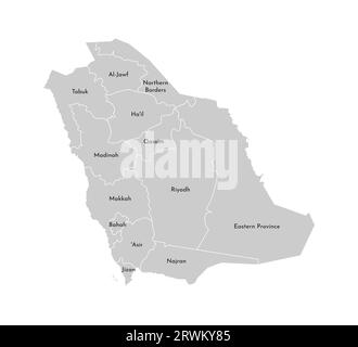 Illustrazione vettoriale isolata della mappa amministrativa semplificata dell'Arabia Saudita. Confini e nomi delle province (regioni). Silhouette grigie. Bianco o Illustrazione Vettoriale