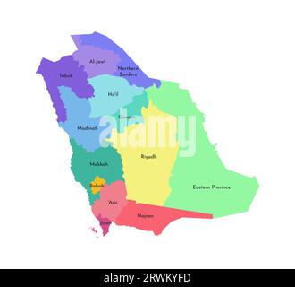 Illustrazione vettoriale isolata della mappa amministrativa semplificata dell'Arabia Saudita. Confini e nomi delle regioni. Silhouette multicolore. Illustrazione Vettoriale