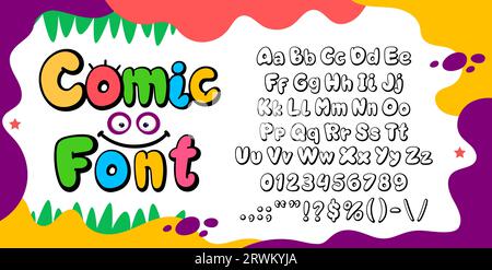 Font fumetti, tipo fumetto, carattere fumetto, carattere grassetto, alfabeto grasso, tipografia vettoriale. Lettere e numeri divertenti per i bambini per libri a fumetti, graffiti Street art o biglietti d'invito per feste di compleanno Illustrazione Vettoriale